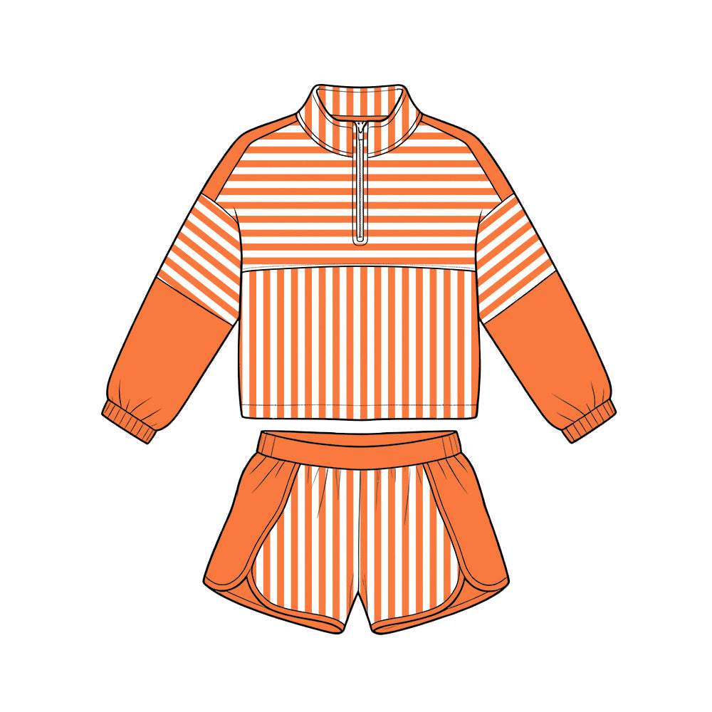 ( Moq 5 ) Baby Girls Kids Long Sleeves Zipper Pullover Stripes Shorts Team Set Clothes