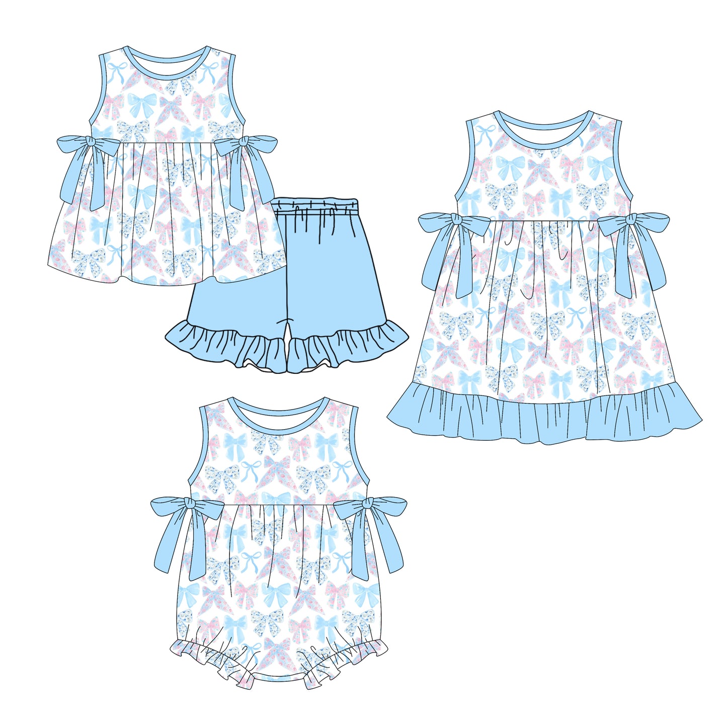 ( Moq 5 Each Style ) Sibling Baby Girls Kids Sleeveless Bows Blue Romper Dress Set