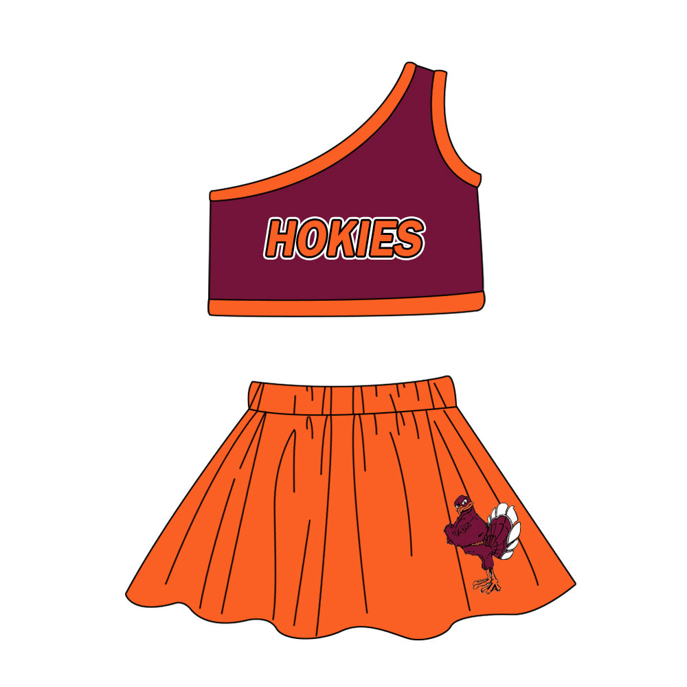 Baby Girl One Shoulder Team Shirt Orange Skorts Clothes Cheer Set ( Moq 5 )