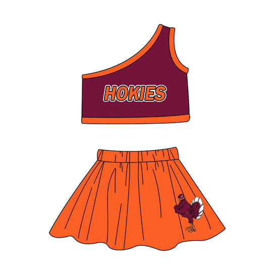 Baby Girl One Shoulder Team Shirt Orange Skorts Clothes Cheer Set ( Moq 5 )