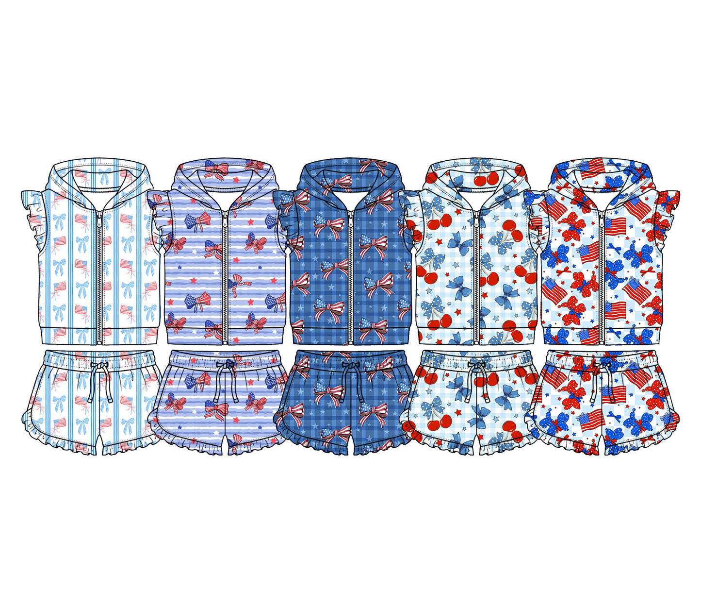 ( Moq 5 Each Style ) Sibling Baby Girls Kids Bows Zipper Hoodie Tops Shorts 4th of July Sets Clothes