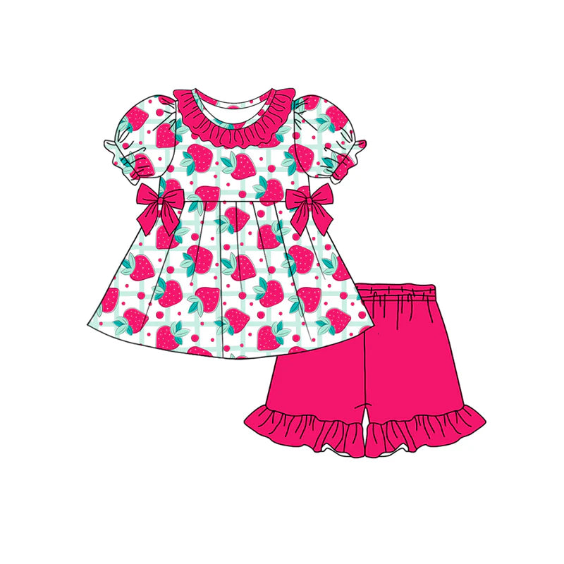 Baby Girls Short Sleeves Strawberry Tunic Pink Ruffle Shorts Set ( Moq 5 )