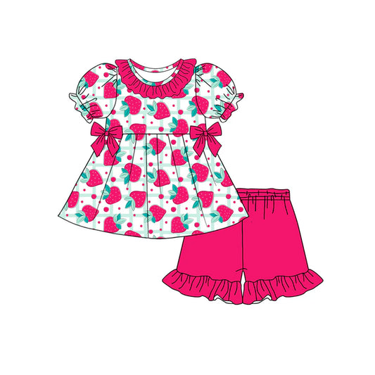 Baby Girls Short Sleeves Strawberry Tunic Pink Ruffle Shorts Set ( Moq 5 )