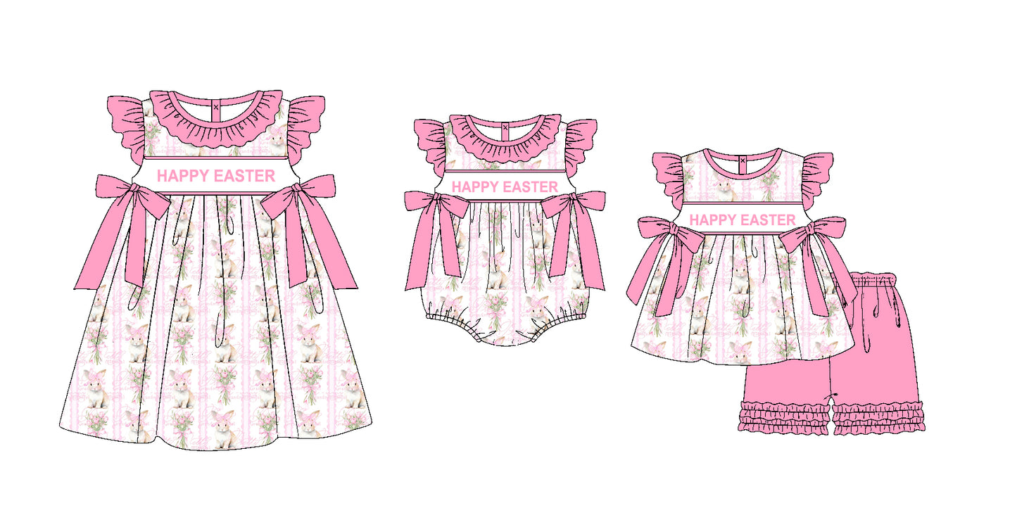 Baby Girl Happy Easter Flower Rabbits Sibling Romper Dress Clothes Set ( Moq 5 Each Design )11.20