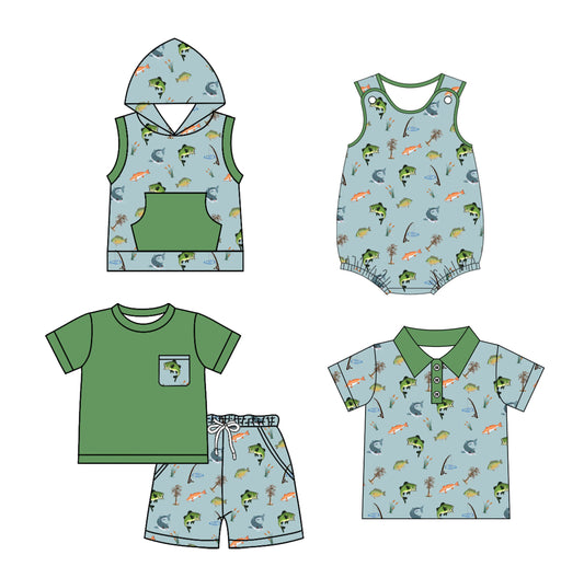 Baby Boy Fishing Green Sibling Romper Shirt Set ( Moq 5 Each Style ) 1.25
