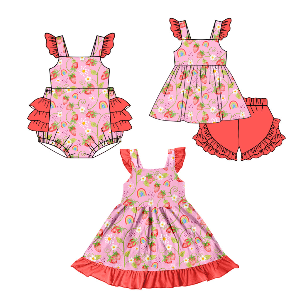 Baby Girl Strawberry Flower Sibling Matching Dress Romper Clothes Set ( Moq 5 Each style )