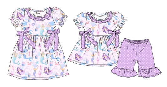 ( Moq 5 Each Style ) Sibling Baby Girls Kids Short Sleeves Purple Bows Summer Dress Set Clothes