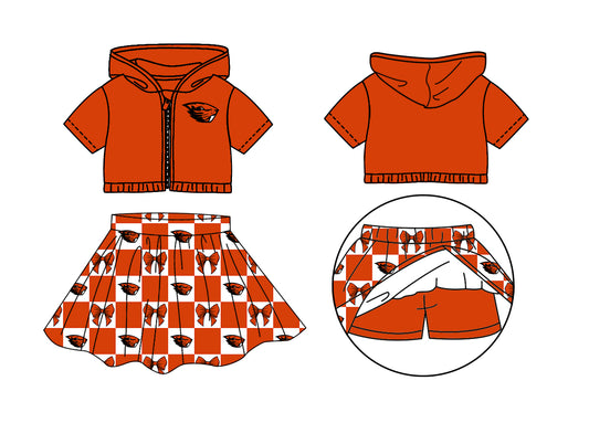 ( Moq 5 Each Style ) Baby Girls Kids Short Sleeves Hoodie Zipper Tops Bows Plaid Shorts Skirt Team Set