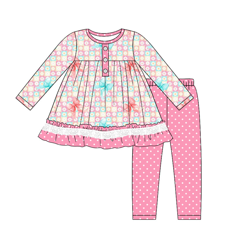 Baby Girl Long Sleeves Flower Bows Plaid Shirt Pink Dots Pants Set