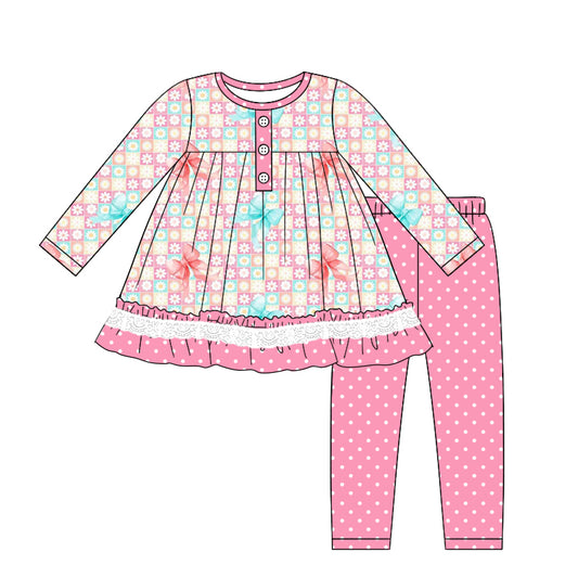 Baby Girl Long Sleeves Flower Bows Plaid Shirt Pink Dots Pants Set