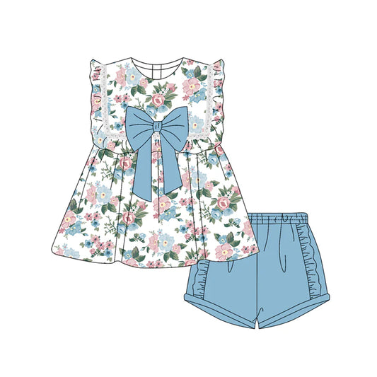 Baby Girl Sleeveless Blue Floral Tunic Ruffle Shorts Set ( Moq 5 )