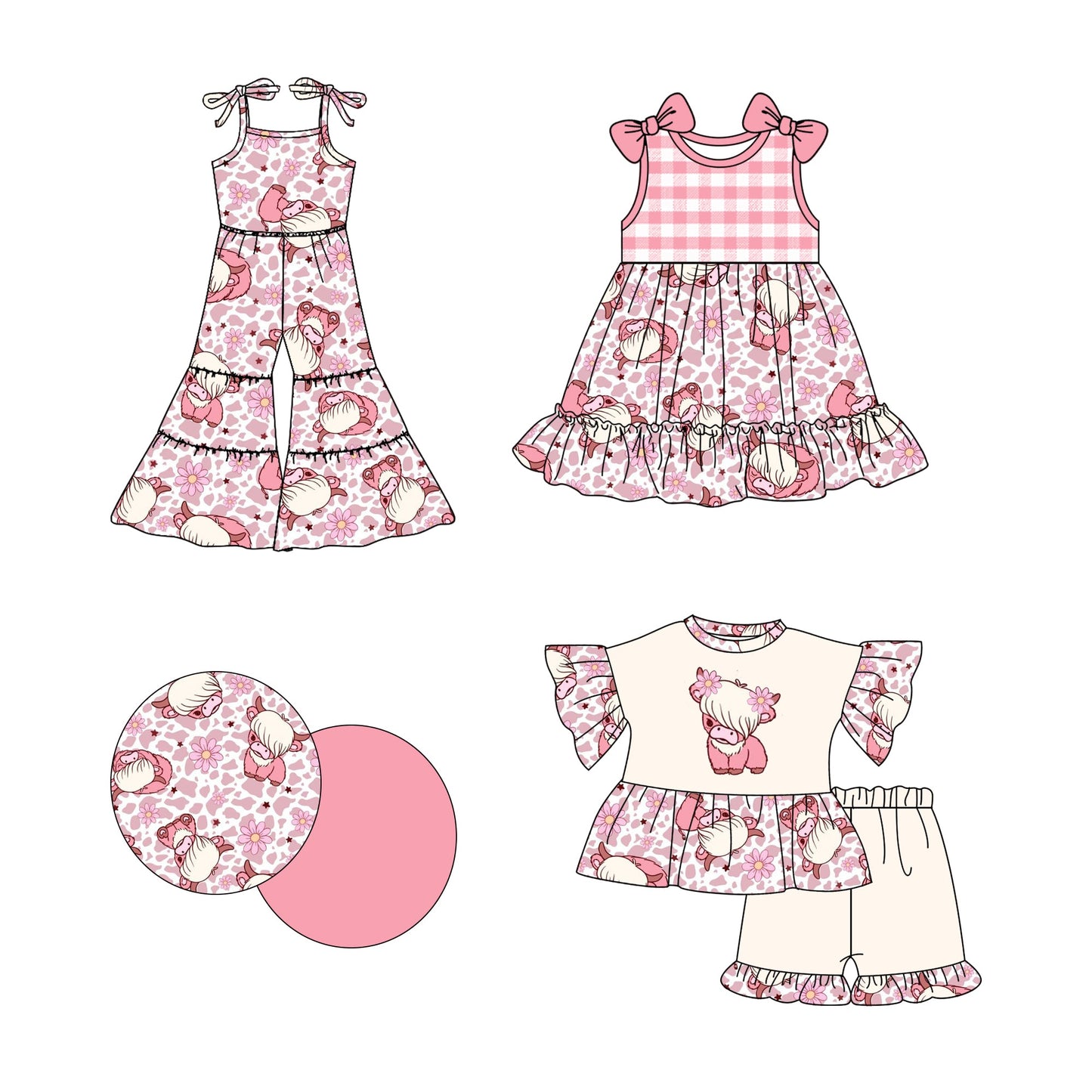 Baby Girl Western Cow Flower Pink Sibling Jumpsuit Dress Set ( Moq 5 Each Style ) 2.21