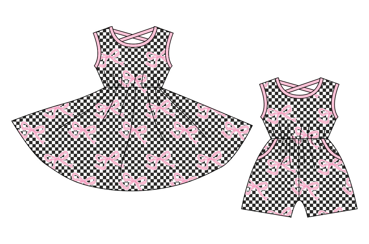 Baby Girl Bows Checked Sibling Dress Pockets Jumpsuit ( Moq 5 Each Style ) 3.12