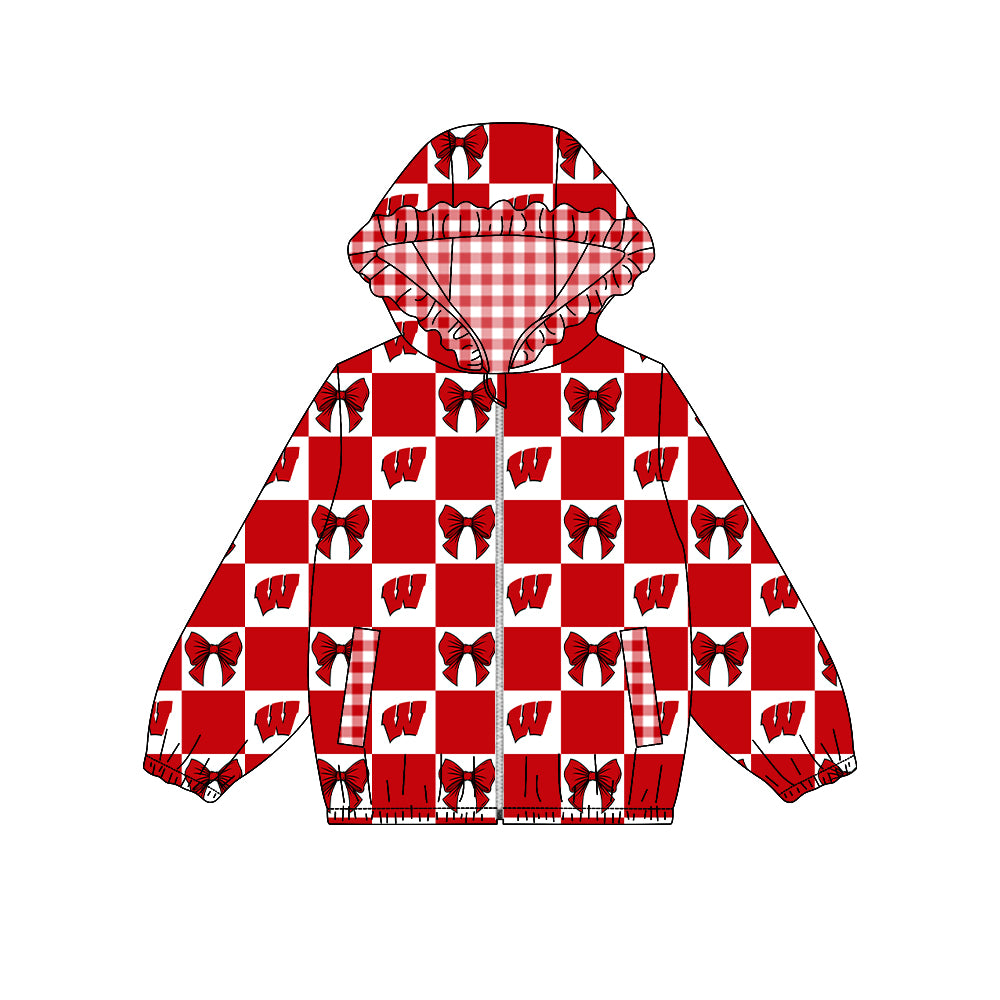 ( Moq 5 ) Custom Baby Girl Kids Pockets Zipper Hoodie Bows Team Jacket Coat Tops