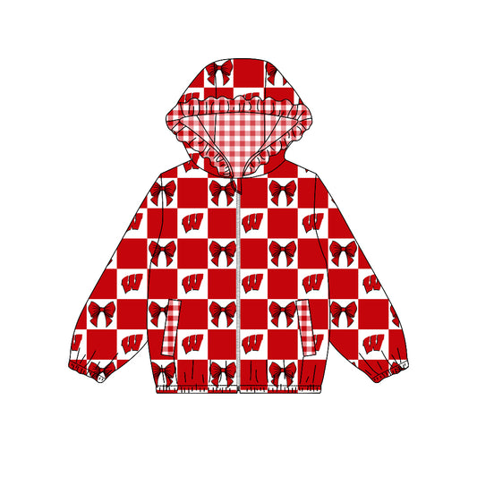 ( Moq 5 ) Custom Baby Girl Kids Pockets Zipper Hoodie Bows Team Jacket Coat Tops