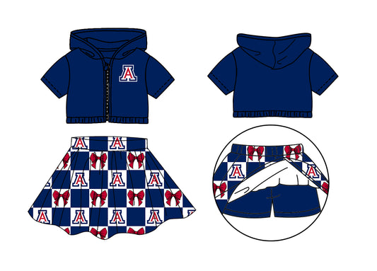 ( Moq 5 Each Style ) Baby Girls Kids Short Sleeves A Navy Hoodie Zipper Tops Bows Plaid Shorts Skirt Team Set