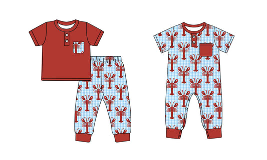 ( Moq 5 Each Style ) Baby Boy Toddler Short Sleeves Crawfish Plaid Sibling Romper Set