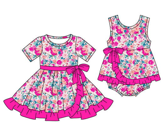 Baby Girl Flower Pink Bows Sibling Romper Dress ( Moq 5 Each Style ) 1.8
