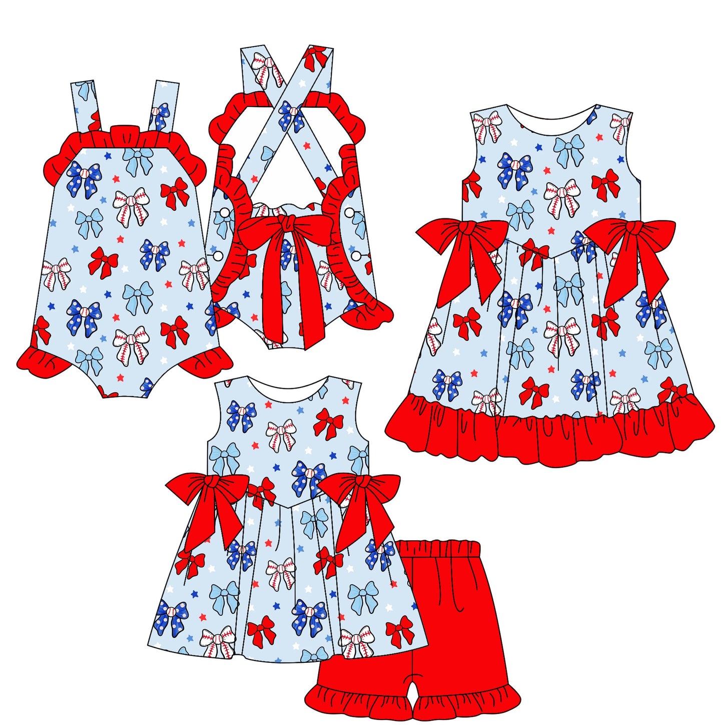 Baby Girl Baseball Bows July 4th Sibling Romper Dress Set ( Moq 5 Each Style ) 2.26