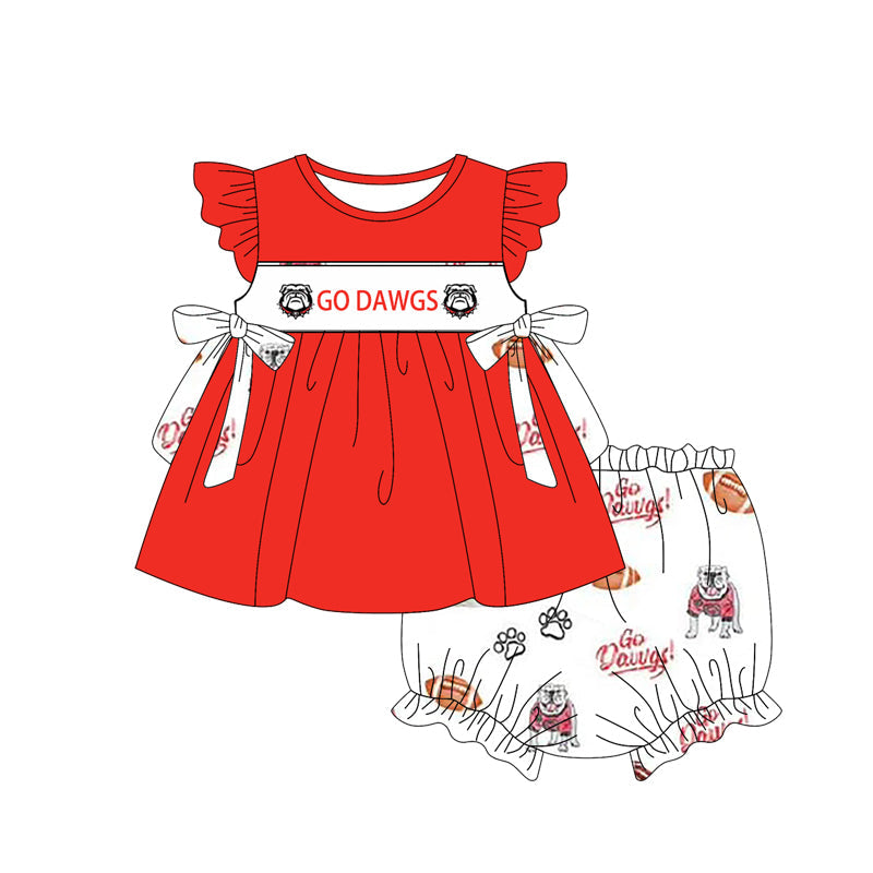Baby Girl Short Sleeves Team Red Tunic Dogs Bummie Shorts Clothes Set Moq 5