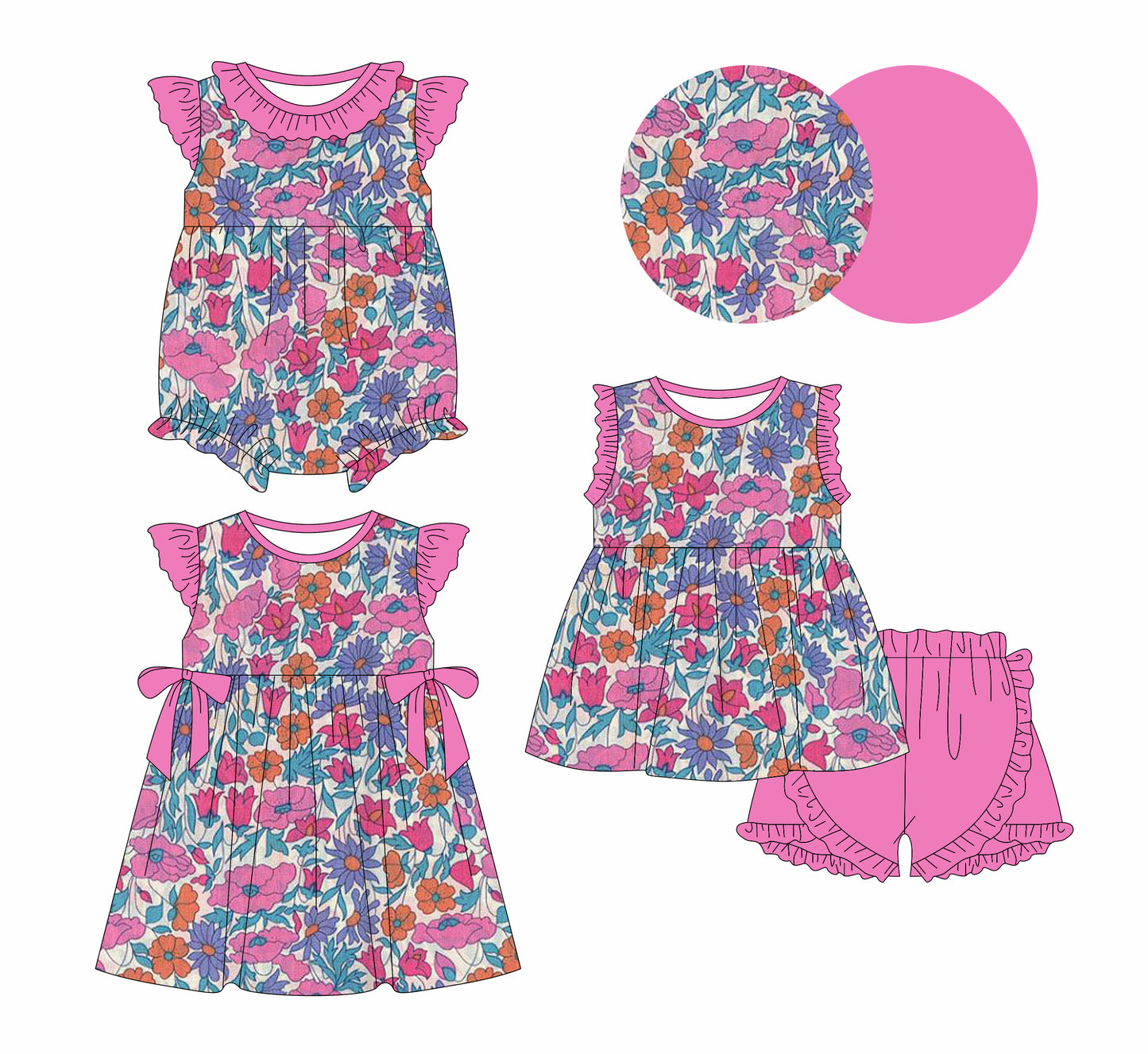 ( Moq 5 Each Style ) Baby Girls Kids Pink Flower Sibling Summer Romper Dress Set Clothes