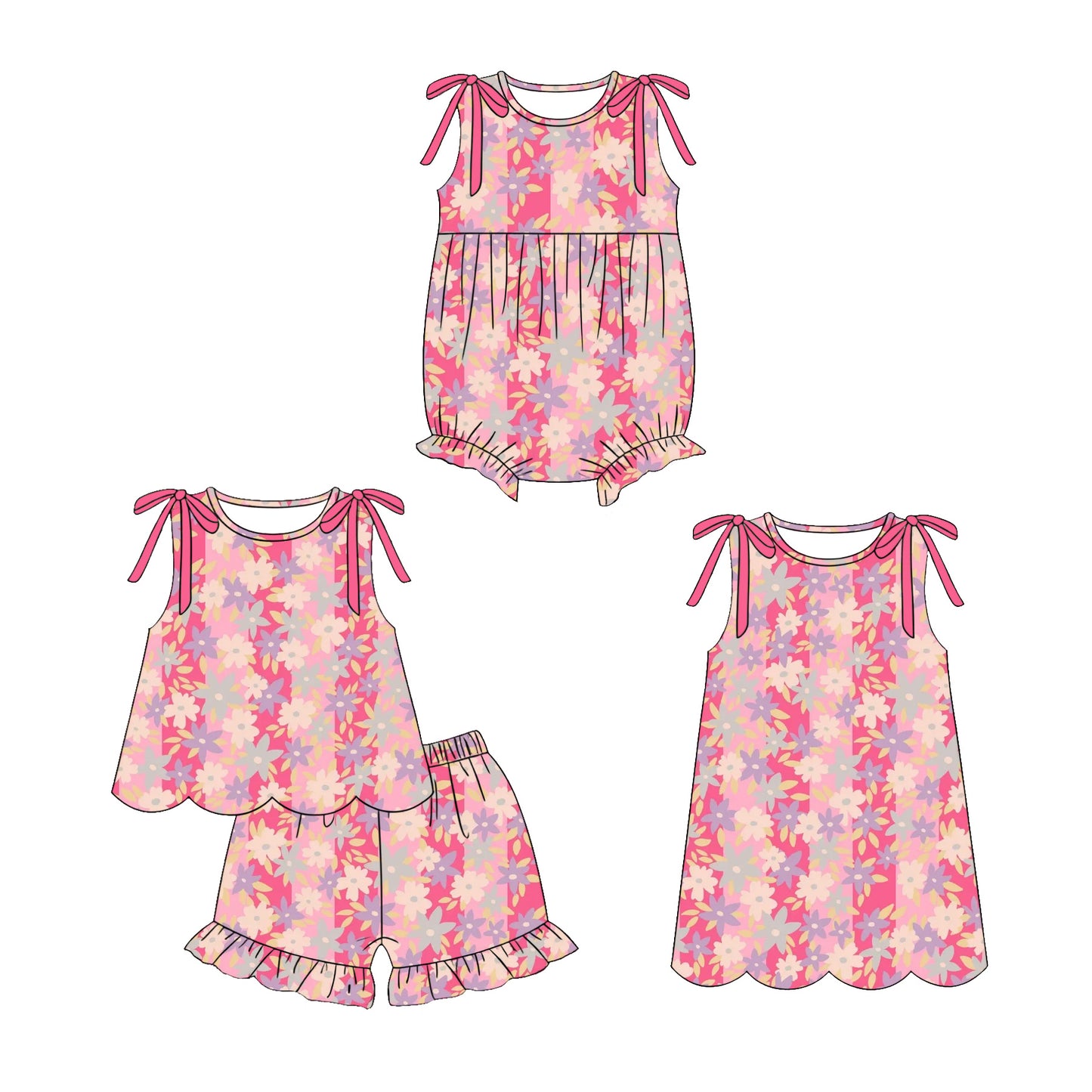 ( Moq 5 Each Style ) Sibling Baby Girls Kids Flower Bows Romper Dress Set Summer Clothes