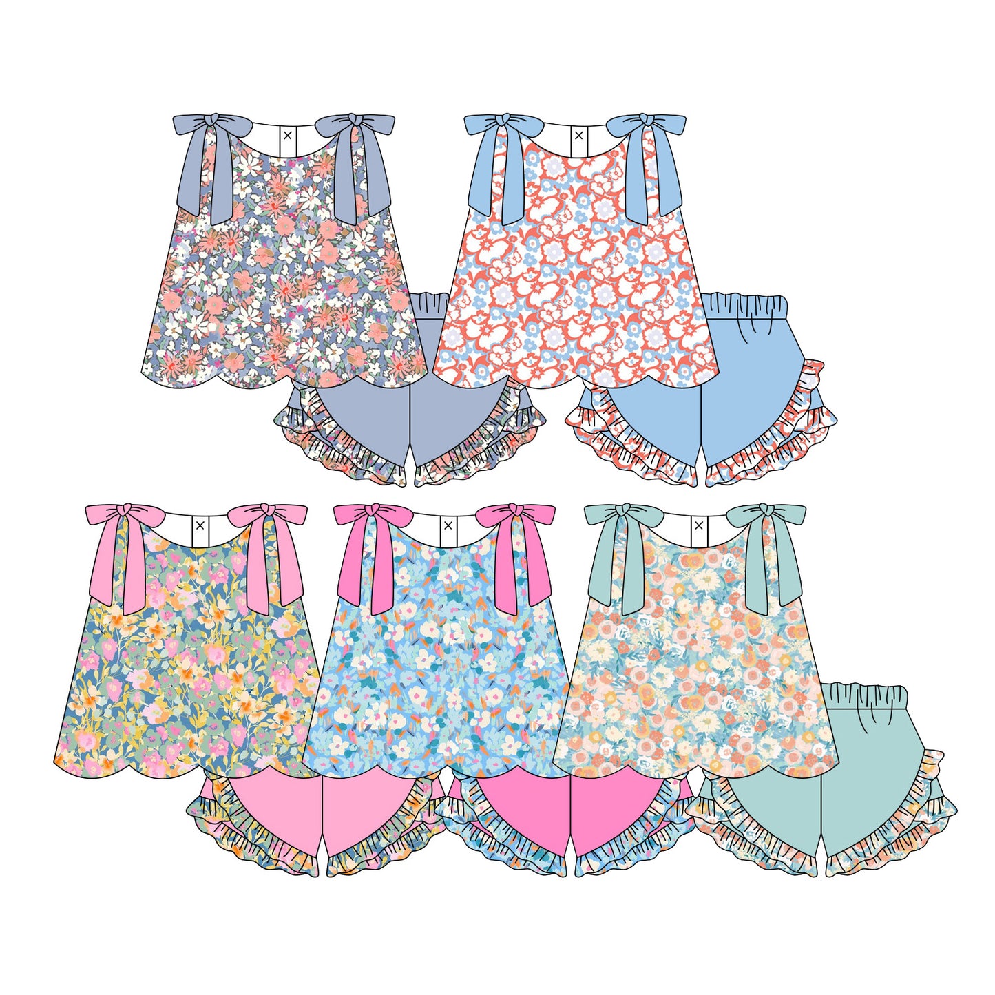 ( Moq 5 Each Style ) Sibling Baby Girls Kids Sleeveless Flower Tops Ruffle Shorts Sets Summer Clothes