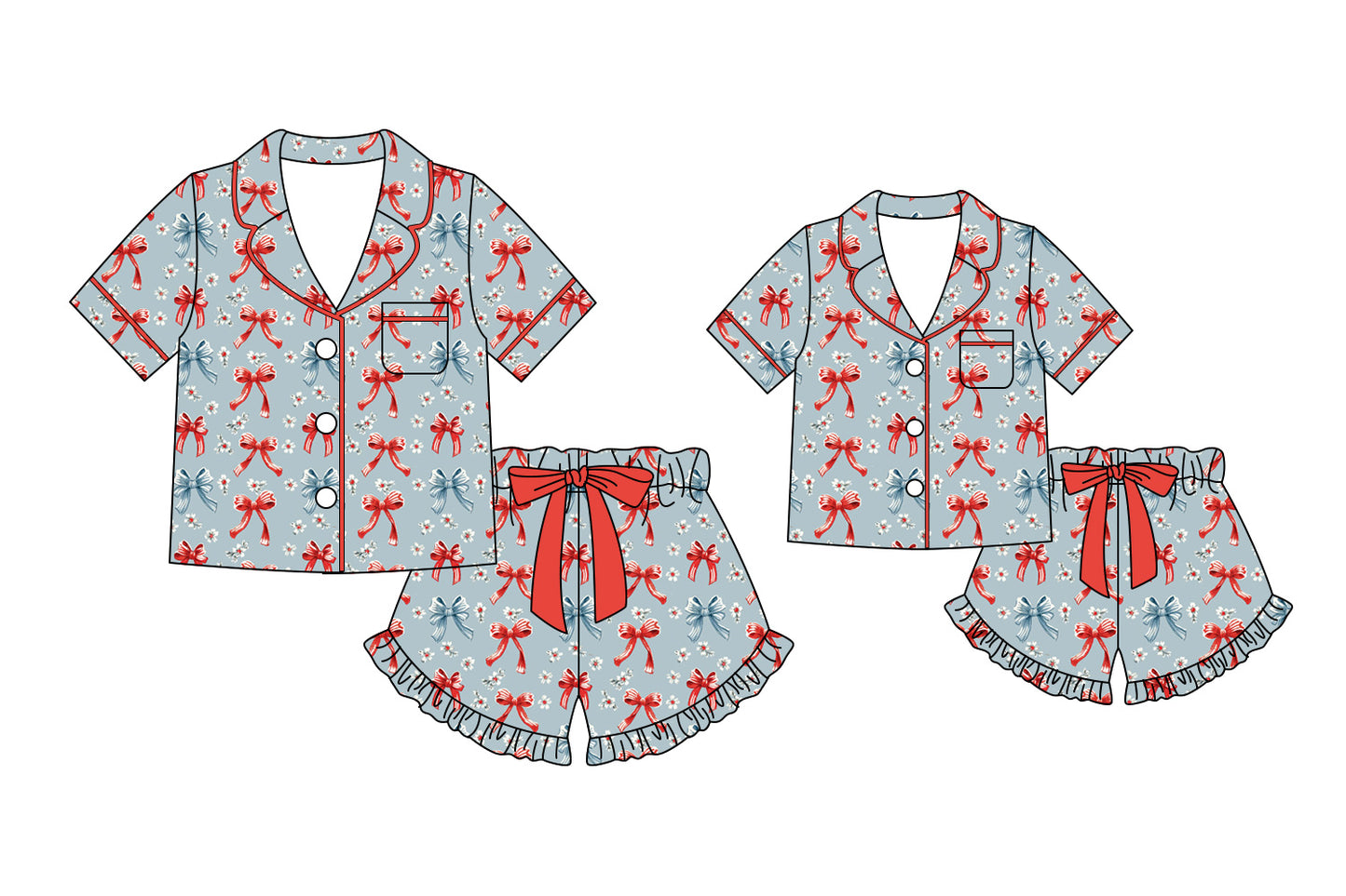 ( Moq 5 Each Style ) Baby Girl Adult Women Bows Flower Shirt Shorts Sibling Mommy And Me Family Pajamas Sets