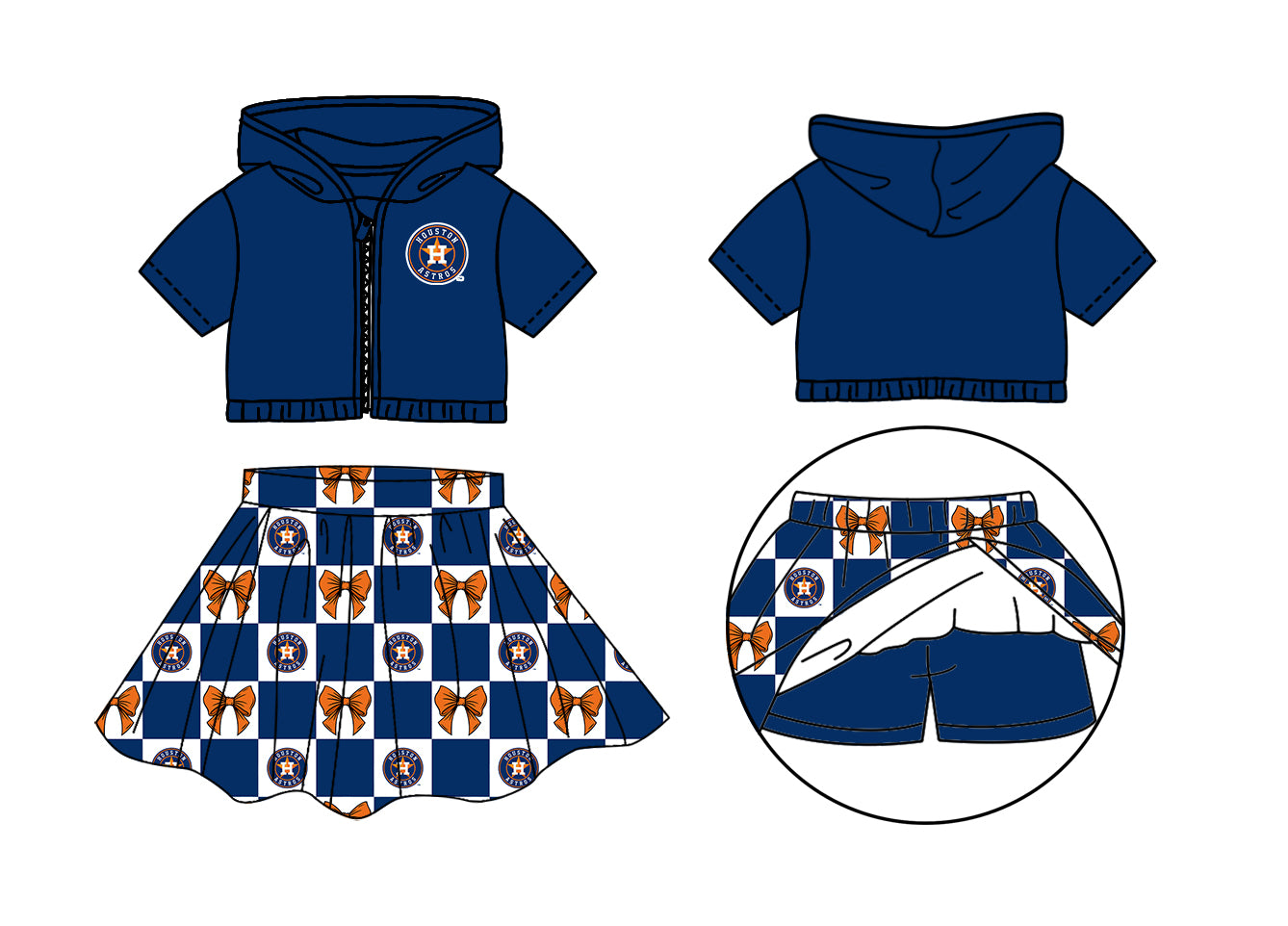 ( Moq 5 Each Style ) Baby Girls Kids Toddler H Blue Hoodie Zipper Tops Bows Shorts Skirt Team Set