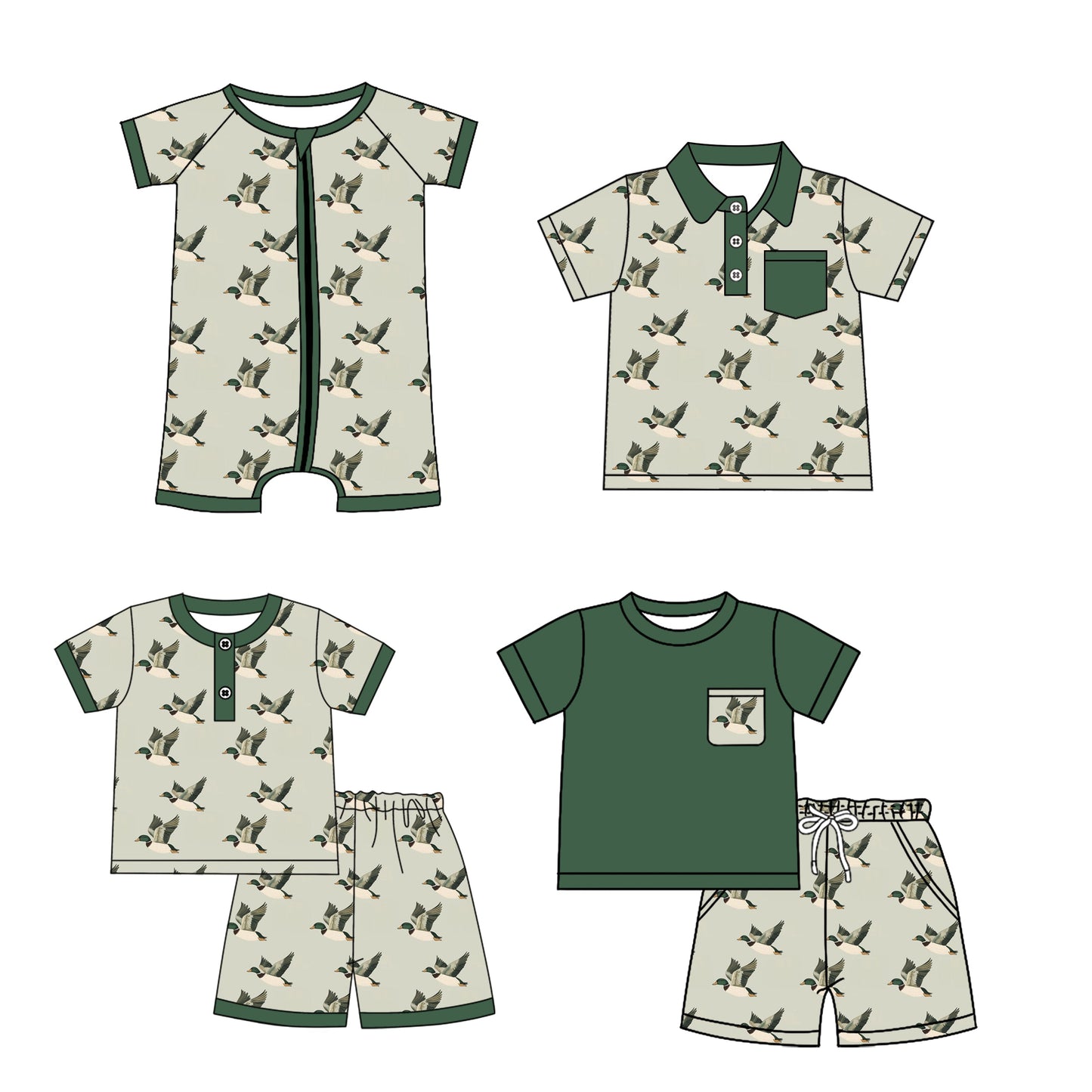 Baby Boy Short Sleeves Ducks Green Sibling Romper Shirt Set ( Moq 5 Each Style ) 3.21