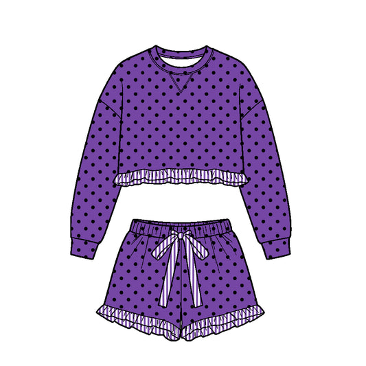 ( Moq 5 ) Baby Girls Kids Long Sleeves Ruffle Shirt Black Dots Shorts Set Purple Clothes