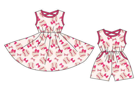 Baby Girl Sleeveless Baseball Bows Sibling Dress Jumpsuit ( Moq 5 Each Style ) 12.20