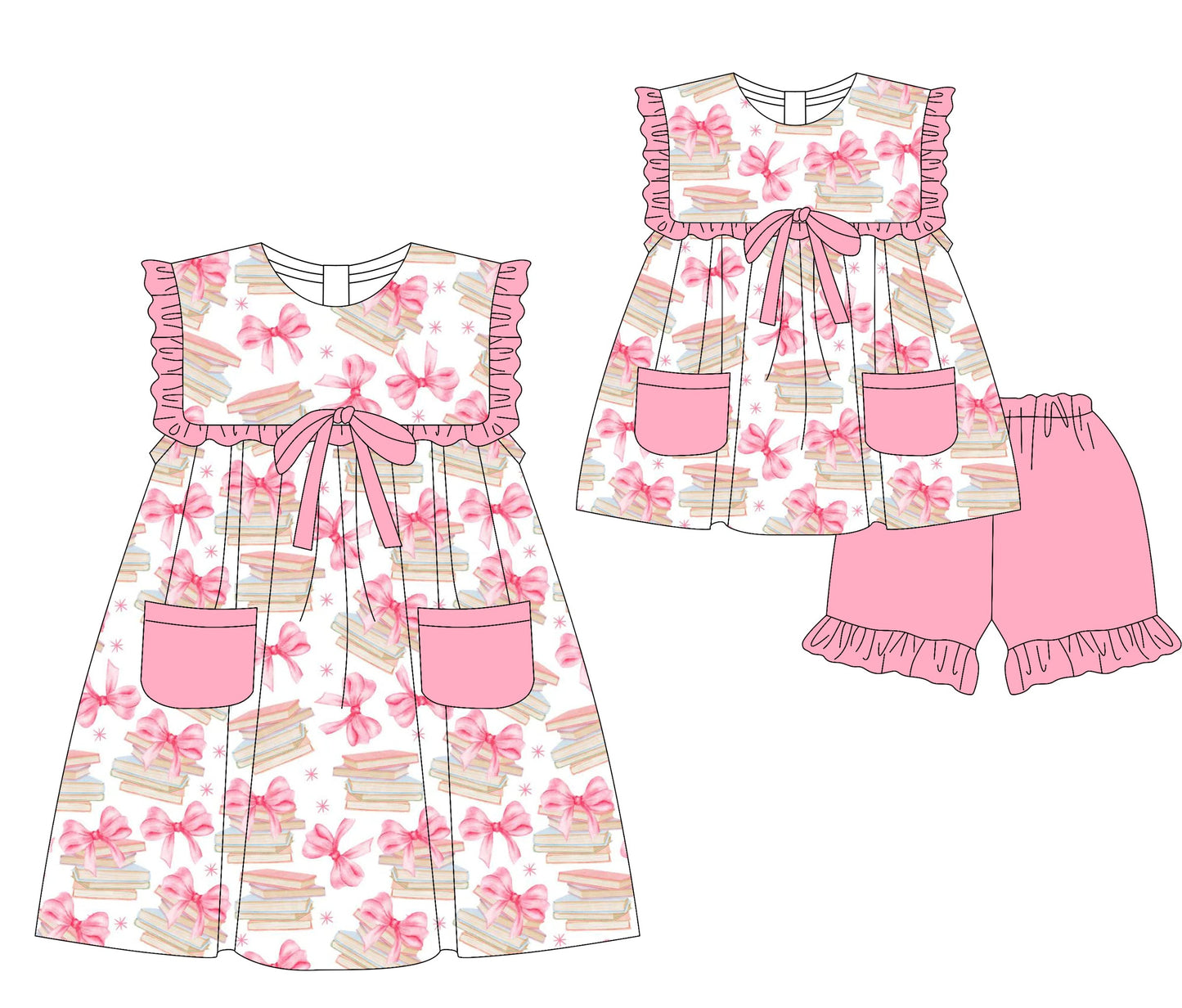 Baby Girl Bows Books Pockets Sibling Ruffle Dress Set ( Moq 5 Each Style ) 3.19