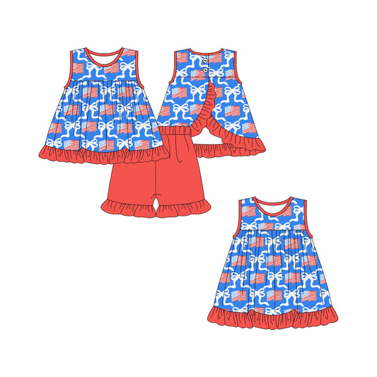 Baby Girl July 4th Flags Bows Sibling Dress Set ( Moq 5 Each Style ) 2.25
