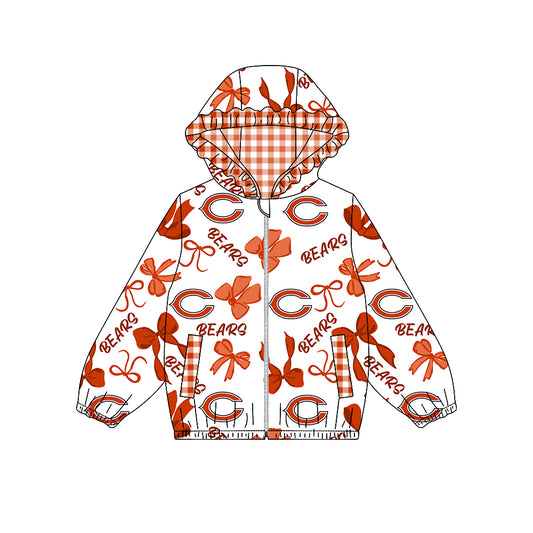 ( Moq 5 ) Custom Baby Girl Kids Bows Pockets Zipper Orange Plaid Hoodie Jacket Coat Team Tops