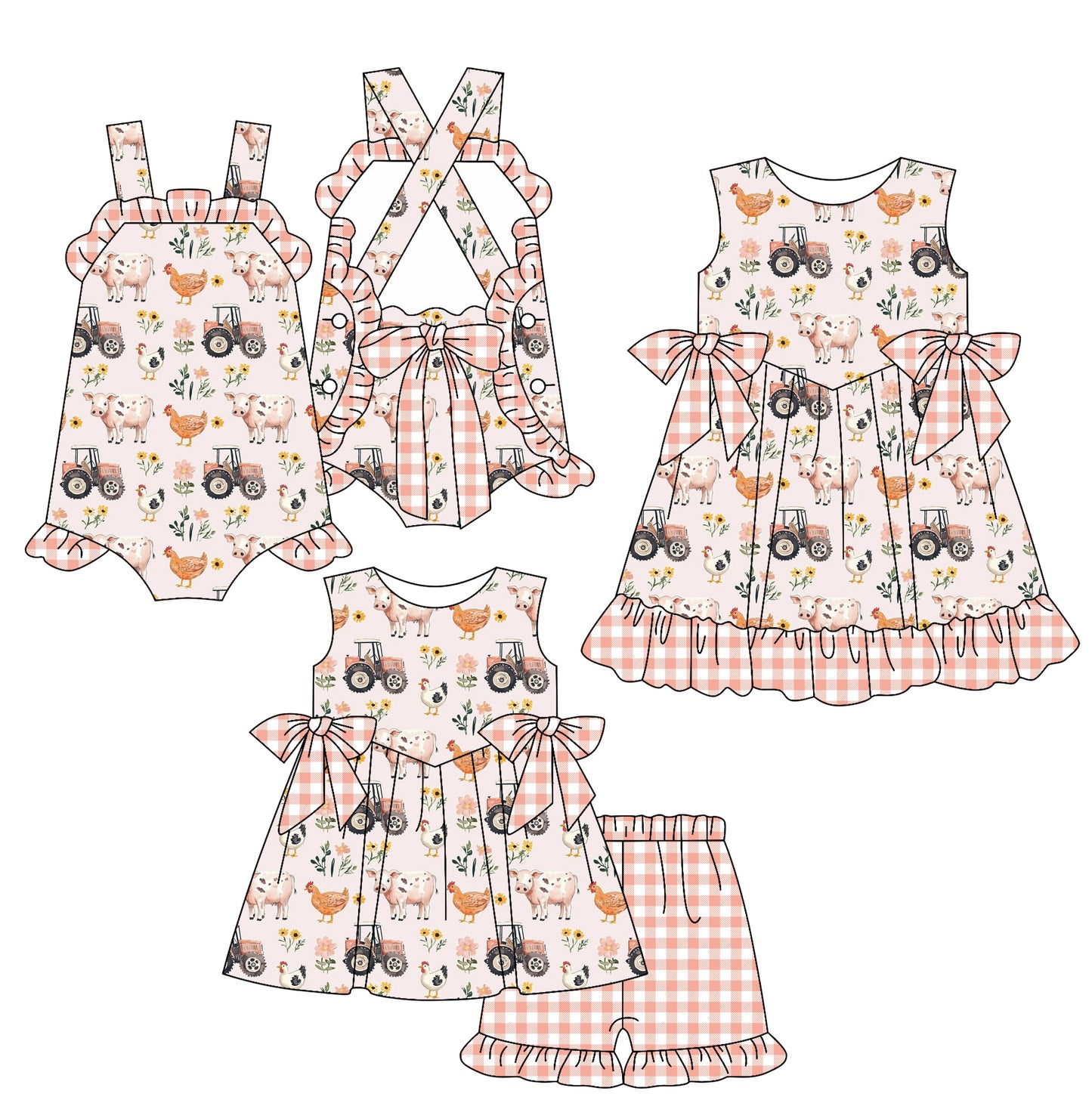 Baby Girl Farm Animals Tractors Flower Sibling Romper Dress Set ( Moq 5 Each Style ) 3.22
