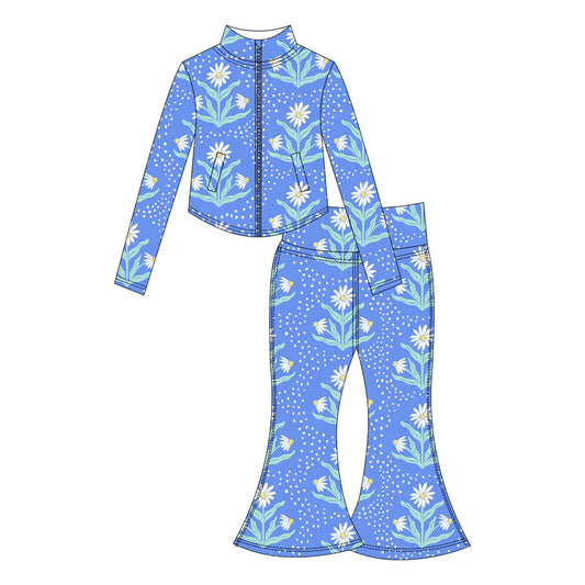 ( Moq 10 ) Baby Girl Blue Flower Long Sleeves Pockets Zipper Tops Pants Activity Wear Yoga Set