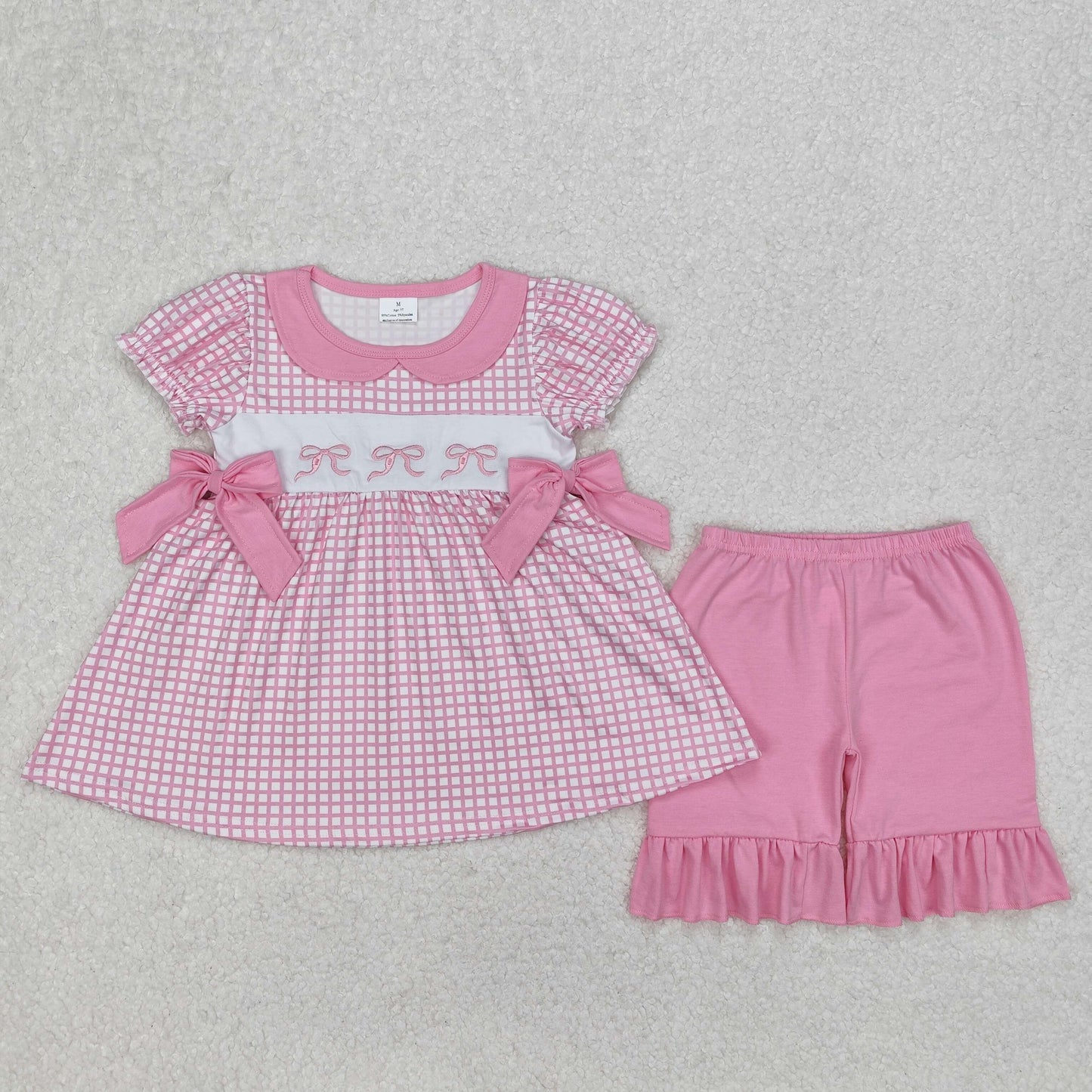 Baby Girl Short Sleeves Pink Checkered Embroidery Bows Tunic Ruffle Shorts Set RTS
