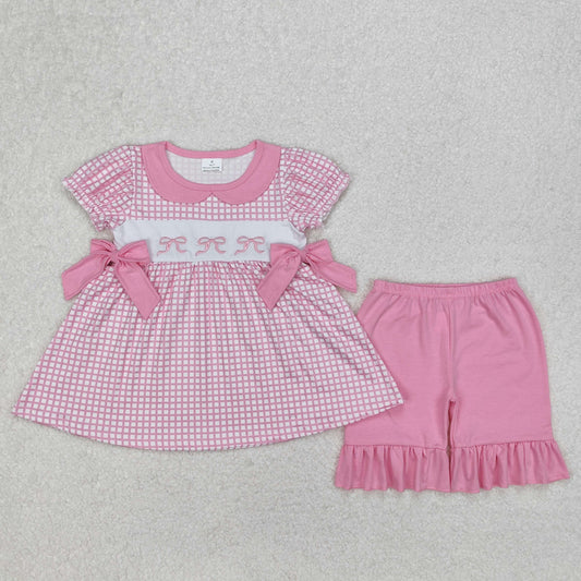 Baby Girl Short Sleeves Pink Checkered Embroidery Bows Tunic Ruffle Shorts Set RTS