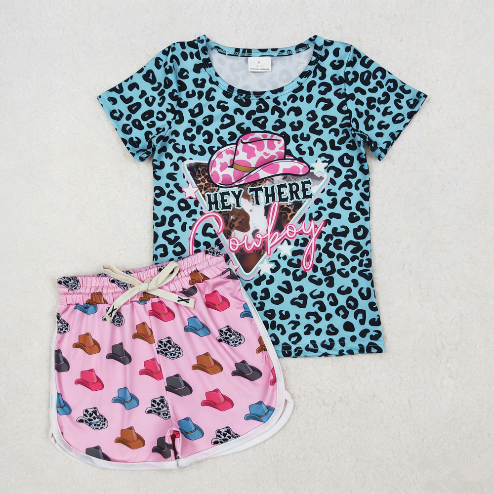 Baby Girls Kids Short Sleeves Leopard Shirt Hats Pink Shorts Set Western Clothes RTS
