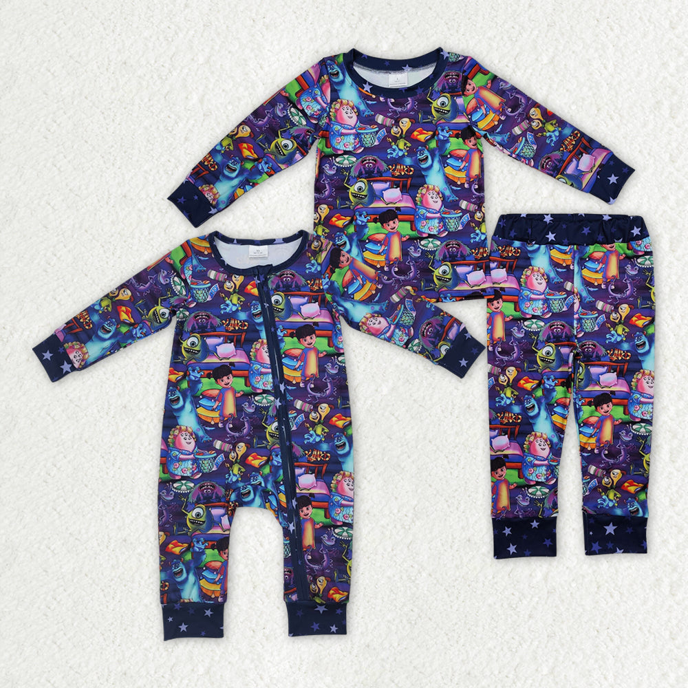 Baby Girl Long Sleeves Cartoon Monster Sibling Romper Pajamas Clothing Set RTS