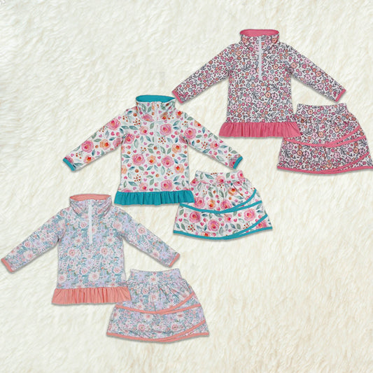 Baby Girl Long Sleeves Flower Zipper Shirt Skorts Sibling Clothes Set RTS