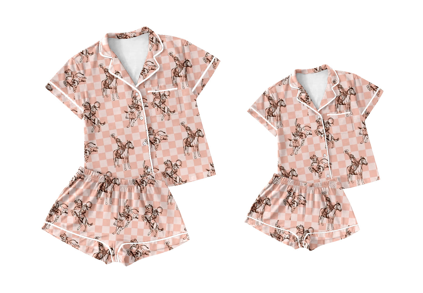 Baby Girl Toddler Adult Women Cowgirl Checkered Short Sleeves Shorts Sibling Family Shorts Pajamas Set ( Moq 5 Each Style )11.26