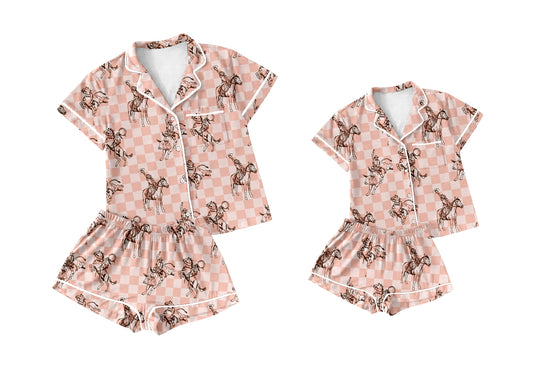 Baby Girl Toddler Adult Women Cowgirl Checkered Short Sleeves Shorts Sibling Family Shorts Pajamas Set ( Moq 5 Each Style )11.26