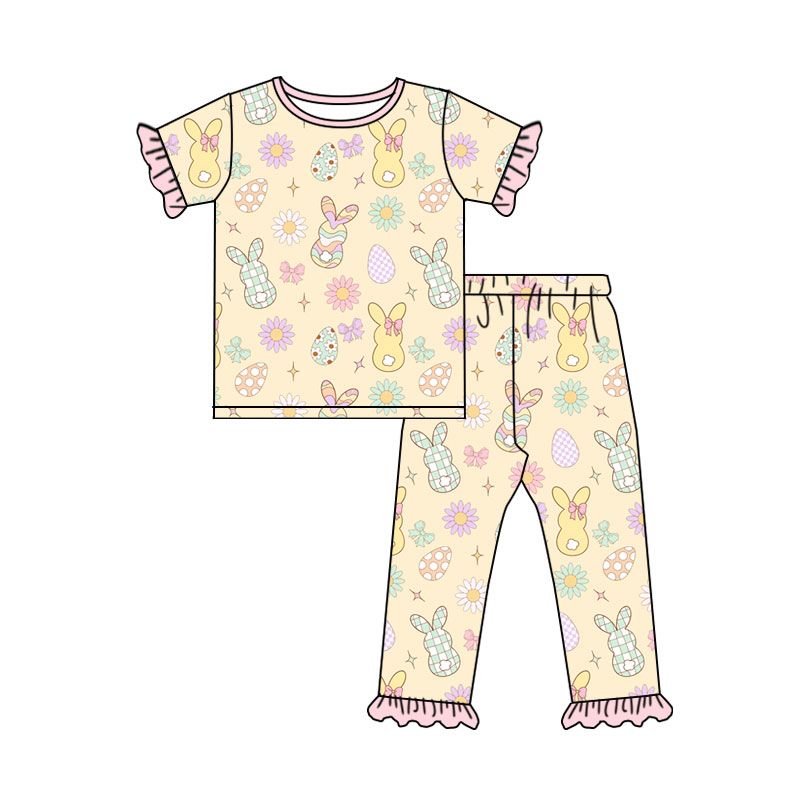( Moq 5 ) Preorder Baby Girls Kids Rabbits Eggs Bows Shirt Pants Pajamas Easter Set Clothes