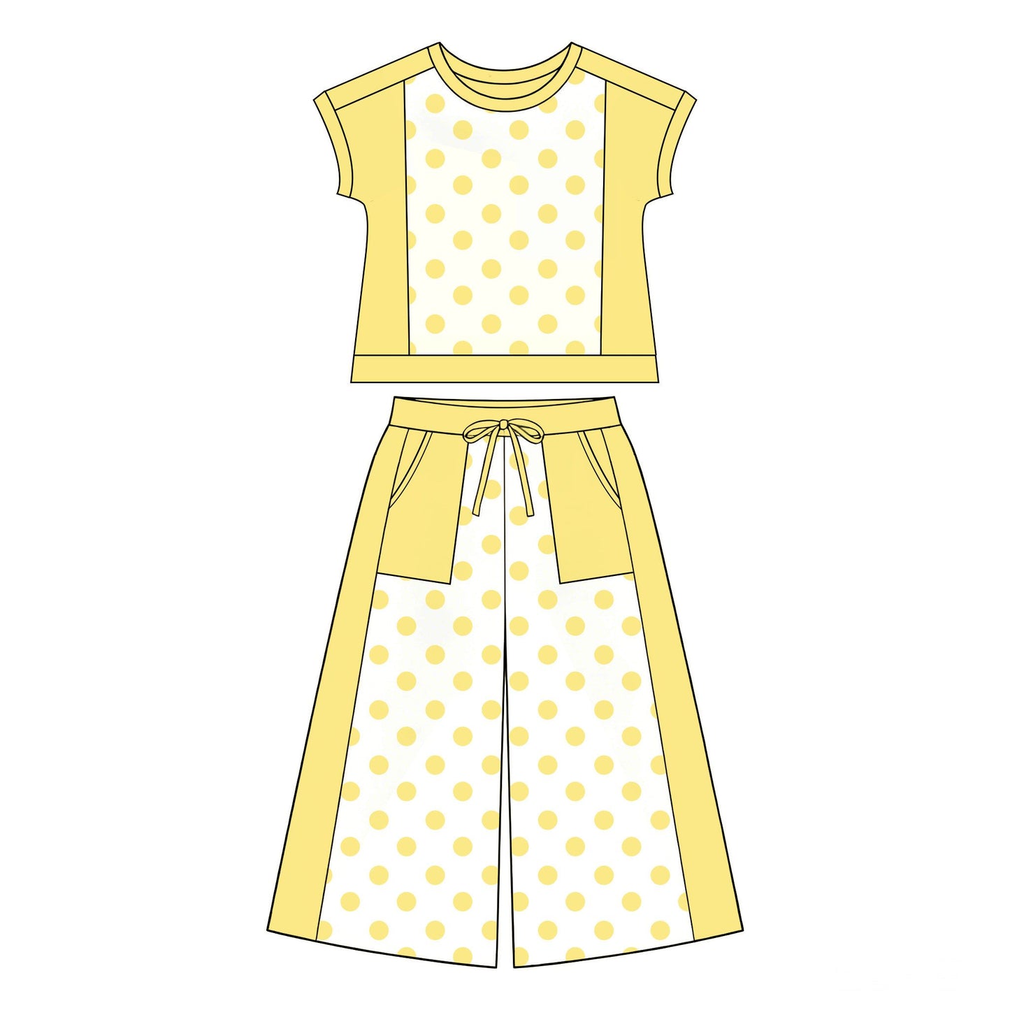 ( Moq 5 ) Preorder Baby Girl Kids Short Sleeves Dots Shirt Pockets Pants Yellow Set Clothes