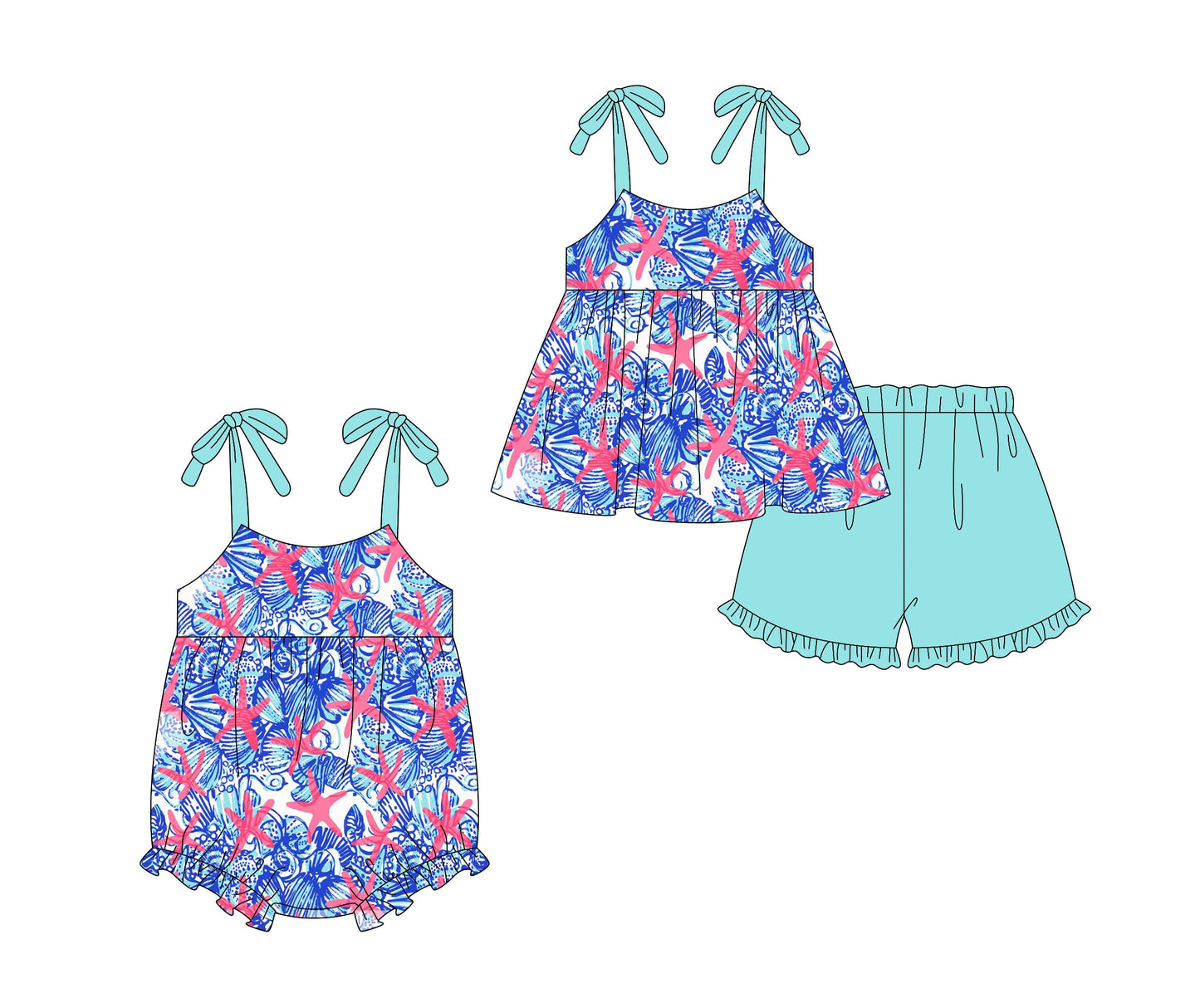 Baby Girl Straps Starfish Sibling Romper Set ( Moq 5 Each Style ) 2.10