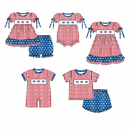 Baby Boy Girl July 4th Hearts Stars Stripes Sibling Dress Romper Clothes Set ( Moq 5 Each style ) 11.26