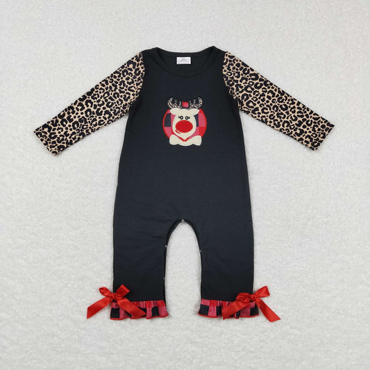 LR0730 Baby Girl Christmas Long Sleeves Embroidery Deer One Piece Romper