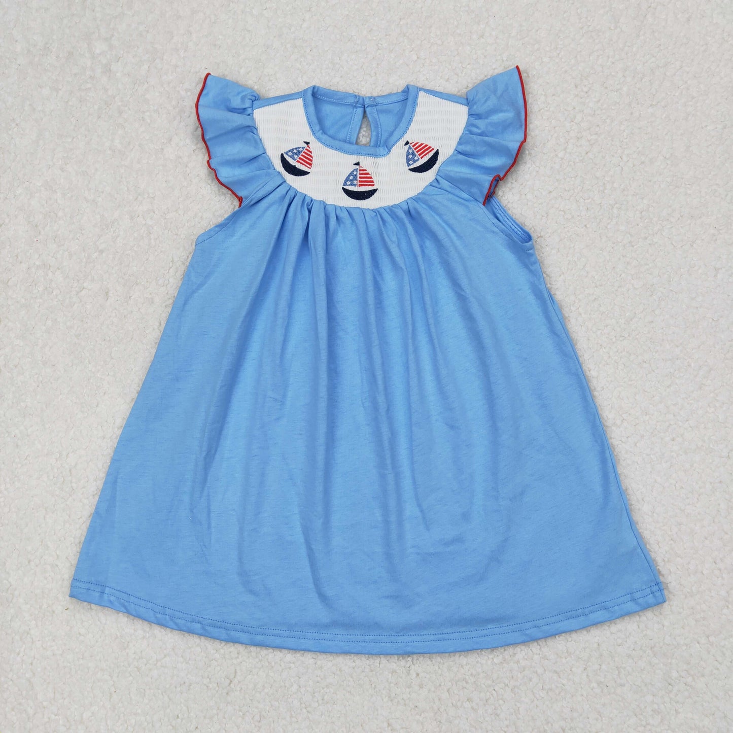 Baby Girl Short Sleeves Smocked July 4th Boats Blue Embroidery Dress RTS